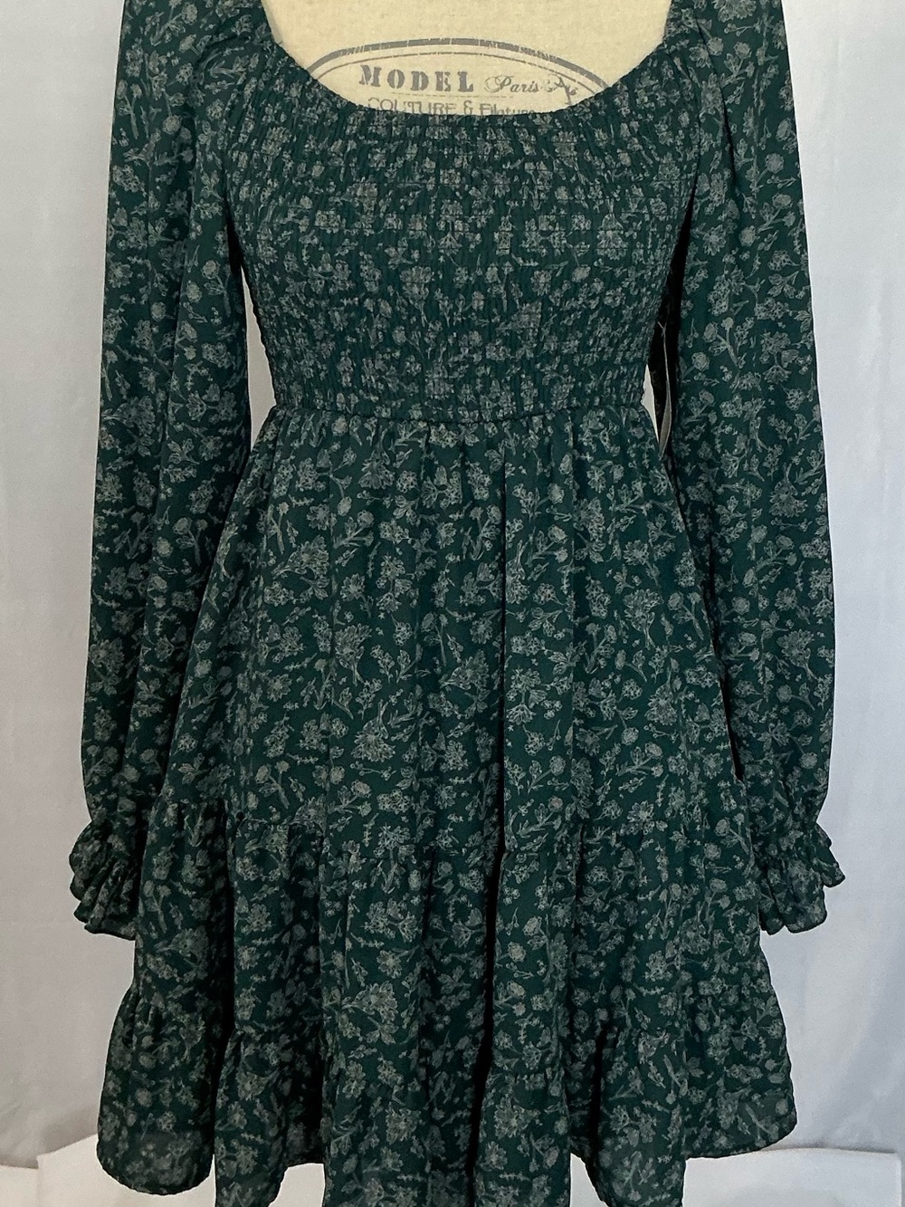 Altar’d State NWT Dark Teal Floral Smocked Long Sleeve Mini Dress XS